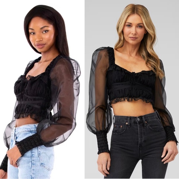 NEW LOVE & LEMONS Organza Puff Long Sleeve Ruffle Sweetheart Neck Crop Top XS - Picture 2 of 16